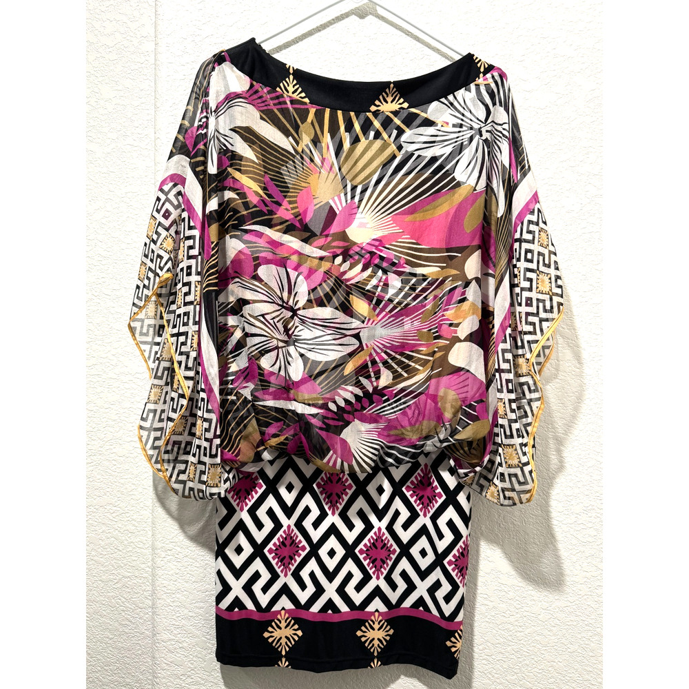 Analili Blouson Drop Waist Dress Sheer Overlay XS/S Abstract Pink Black Silk